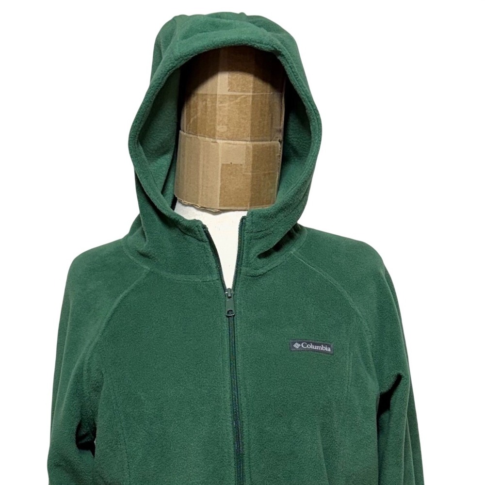 Columbia Jacket Women 1X Green Fleece Full Zip Hooded Zip Pockets Long Sleeve